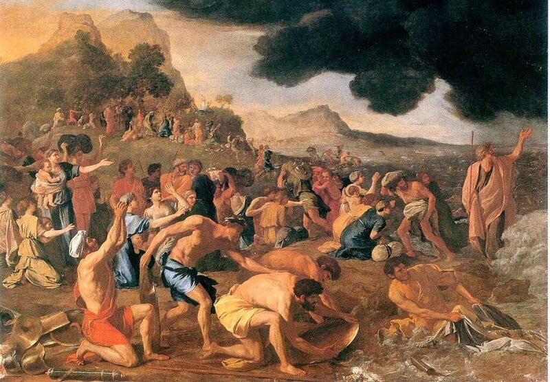 Moses leading the Israelites across the Red Sea, as envisioned by Nicolas Poussin in 1634.