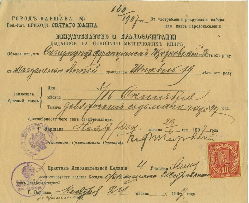 A Russian marriage certificate from 1907 features both Julian and Gregorian dates—November 23rd and December 6th.