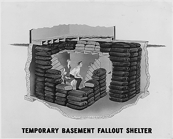 An artist's rendition of a temporary basement fallout shelter, ca.1957.