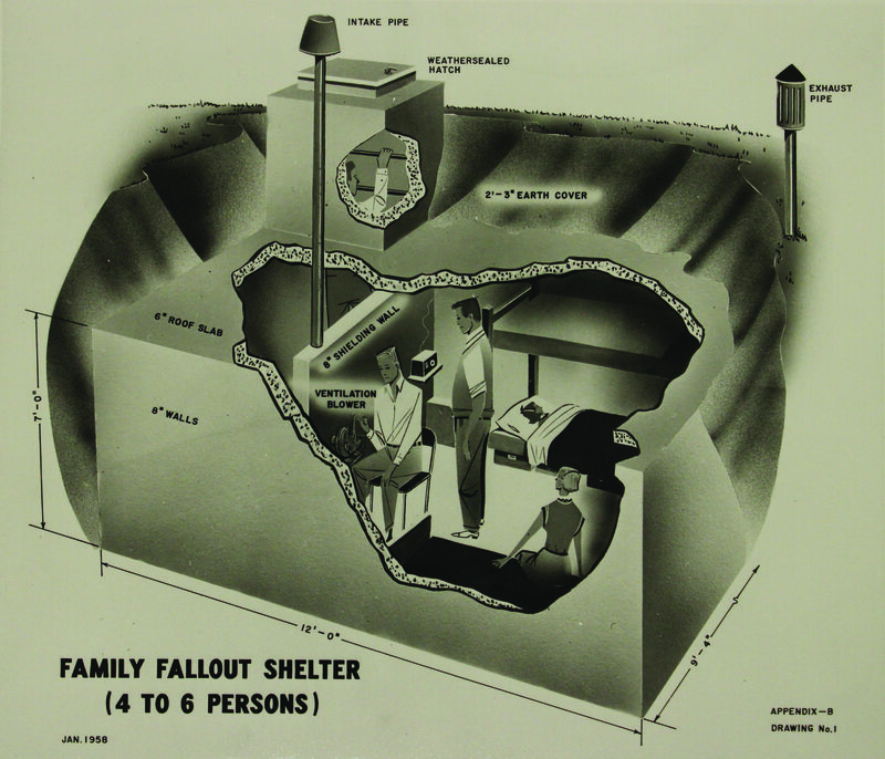 1958 This is a photograph of a drawing of a proposed family fallout shelter designed to accommodate four to six people.