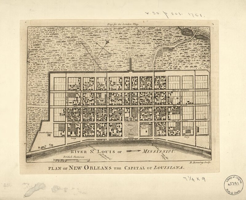 A 1761 plan for New Orleans, where Oliver Pollock worked as a merchant. 