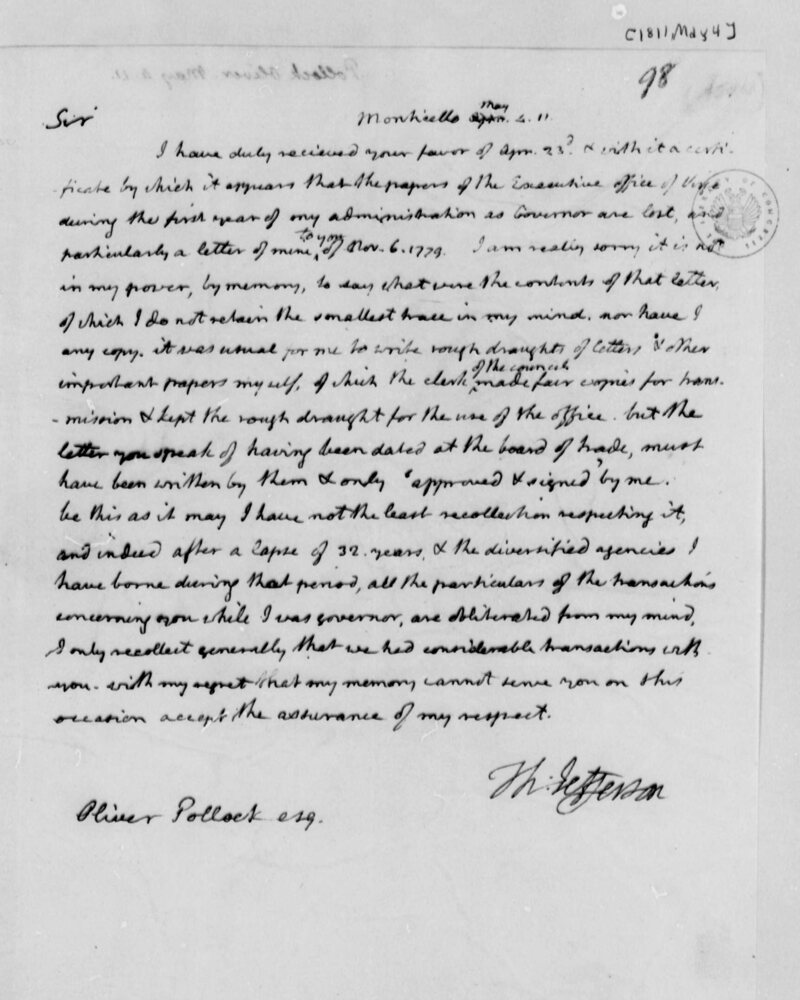 Jefferson's letter to Pollock, May 4, 1811. 
