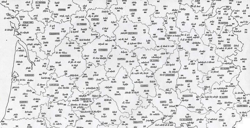 A page from the Atlas Linguistique de la France, mapping pronunciations onto localities.