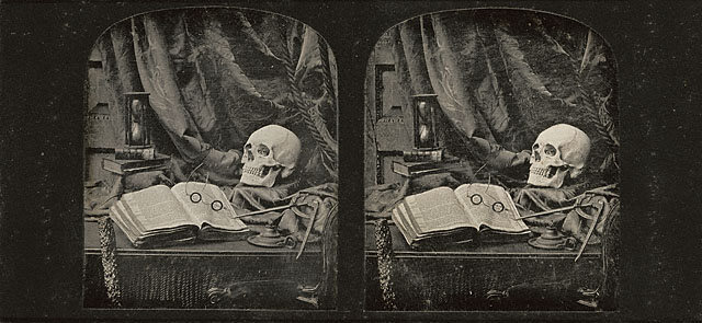 "Vanitas / Still Life with Skull, Open Book with Glasses, and Hourglass / The Sands of Time,"  a stereoscopic image by British artist Thomas Richard Williams (1850)