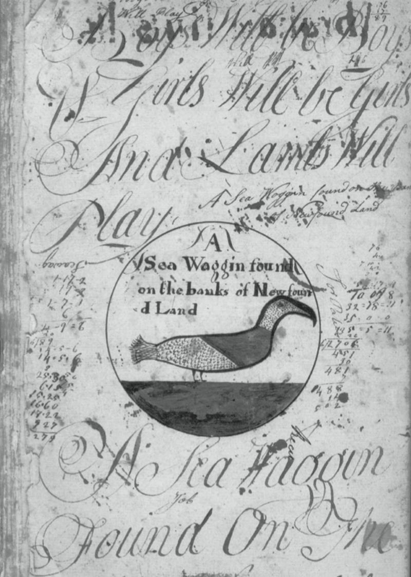 Abraham Russell's schoolboy navigation notebook, illustrated with a woggin.