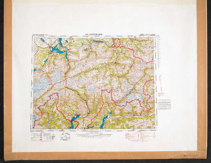 A silk map depicting Switzerland's Gotthard Pass. 