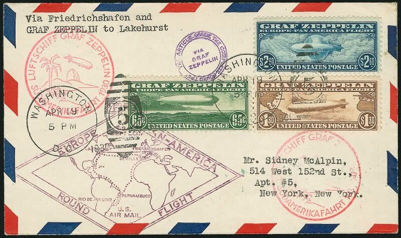 This letter's three Graf Zeppelin stamps let it travel across the ocean twice.