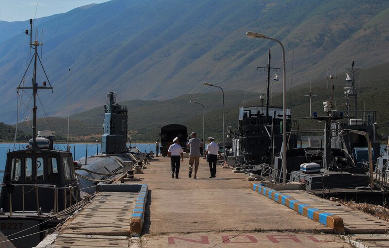 Military officials at the marine base of Pashaliman, near Sazan on mainland Albania.