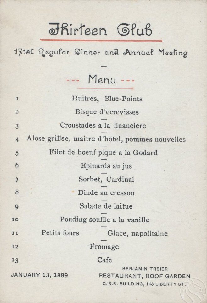 A Thirteen Club menu, with 13 courses.