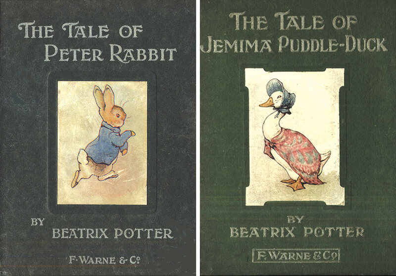 First edition covers for <em>The Tale of Peter Rabbit</em> (1902) and <em>The Tale of Jemima Puddle-Duck</em> (1908).