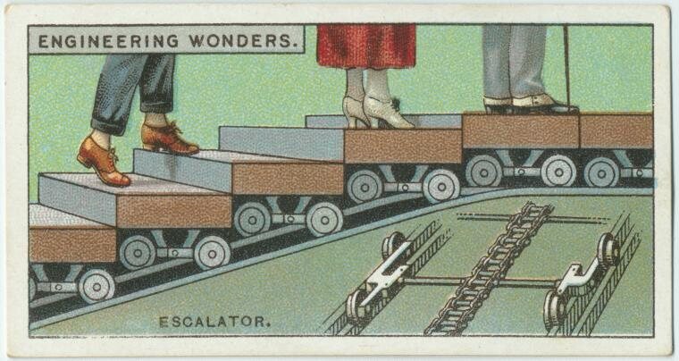 An early 20th century cigarette card, showing the "engineering wonder" of the elevator.