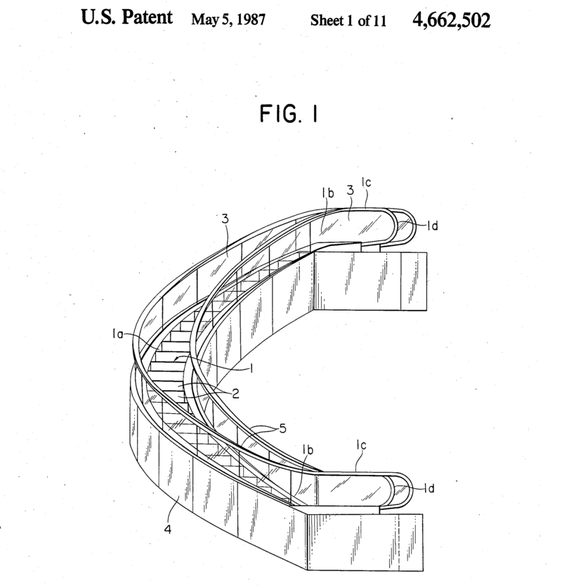 An image from a 1987 Mitsubishi patent for a curved escalator.