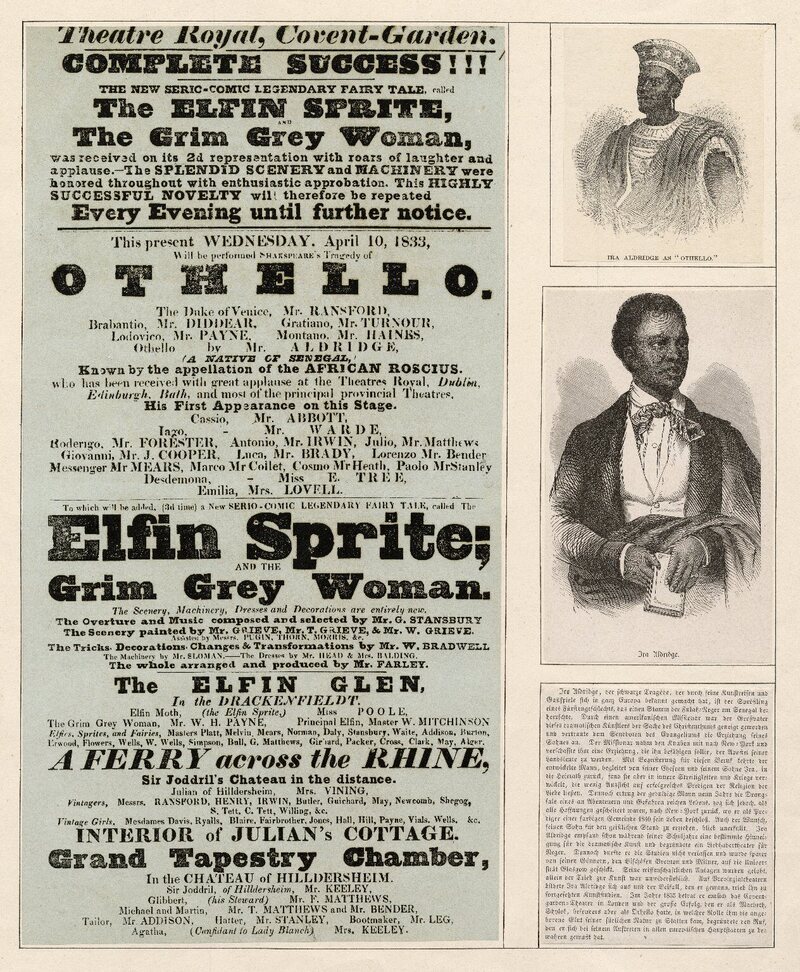 Playbill from Ira Aldridge's first appearance at Covent Gardens in the role of Othello, in 1833.