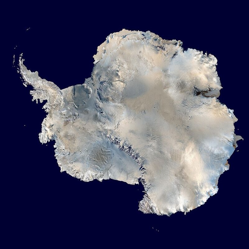 The newly described volcanoes are under the ice from the Ross Ice Shelf to the Antarctic Peninsula, on the left side of this composite satellite image. 