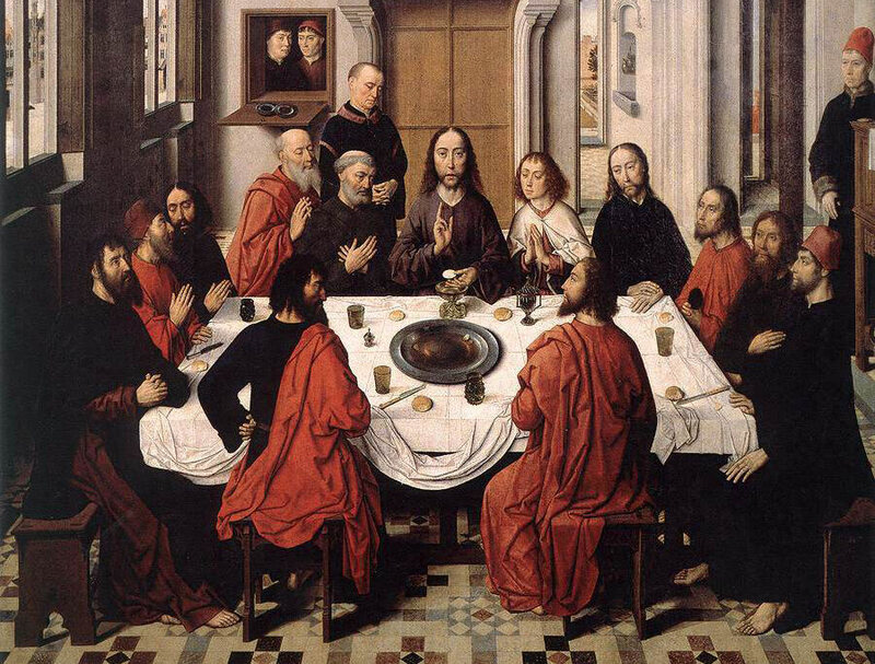 From Dieric Bouts' <em> Triptych of the Last Supper</em>, c. 1465. Note the use of the tablecloth as a giant communal napkin. 
