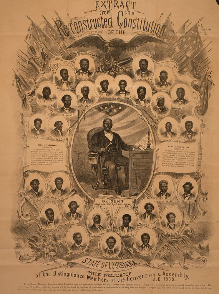 Illustrations of delegates to the Louisiana Constitutional Convention, with Oscar J. Dunn at center.  