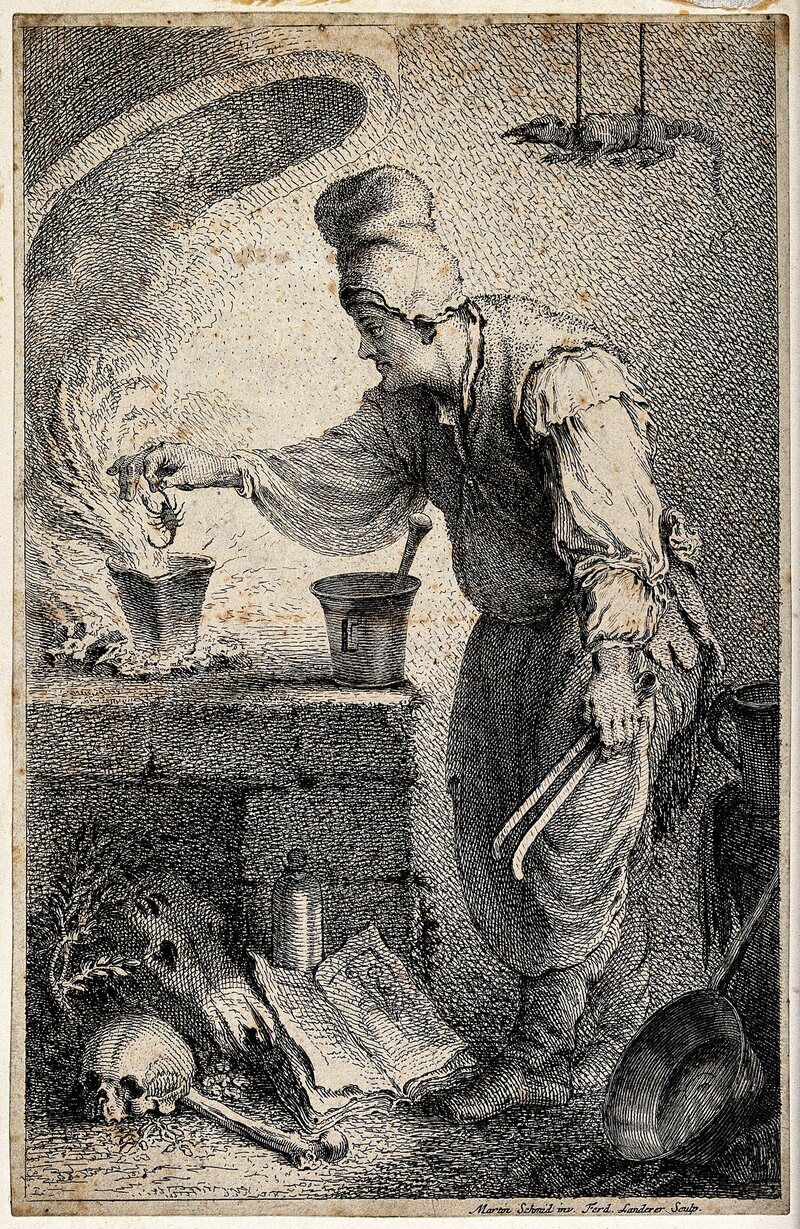 Witches like La Voison drew from a variety of natural sources for their potions and mixtures. Here, in an 18th-century etching, one is shown preparing to boil a scorpion.