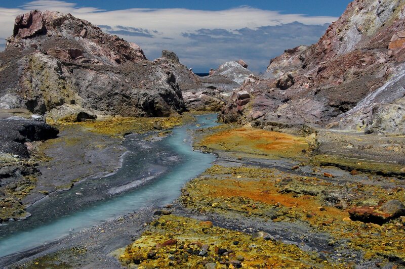 Whakaari/White Island, off the northern coast of New Zealand, is rich with color. 