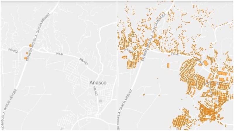 A section of northwestern Puerto Rico before and after volunteers mapped the buildings.