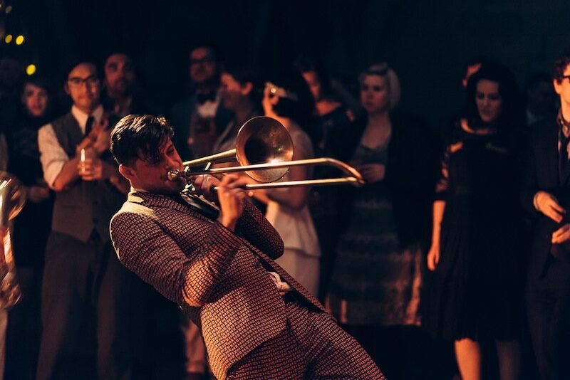 Lucky Chops Brass Band performing at the New York Obscura Society's Cocktails in the Crypt