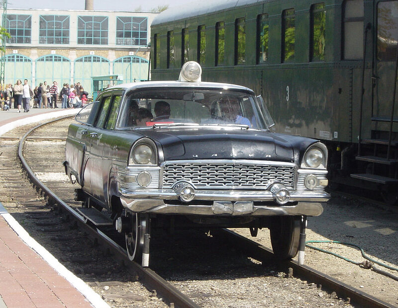 A Gaz M13 — the top-of-the-line Soviet luxury car — modified for railway use