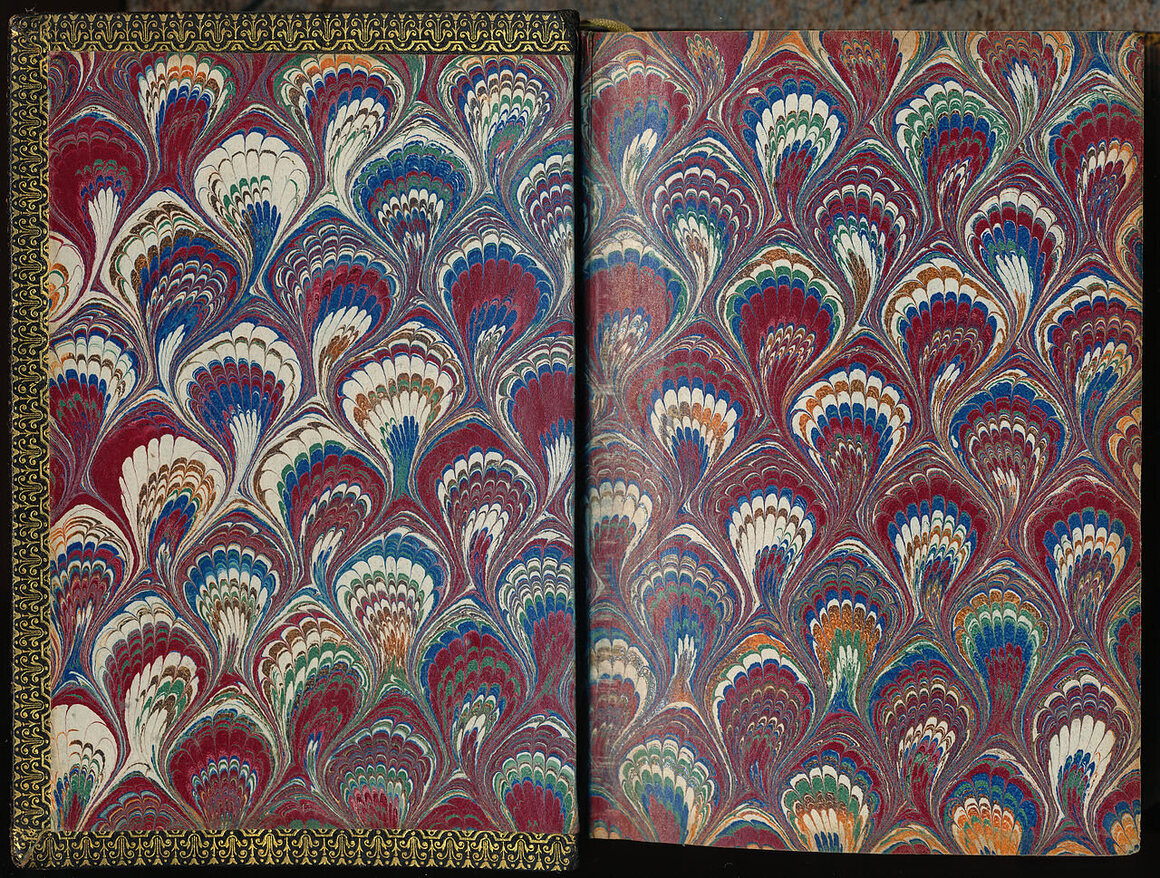 Marbled endpaper from an 1875 copy of <em>Die Nachfolge Christi</em> by Thomas von Kempis.