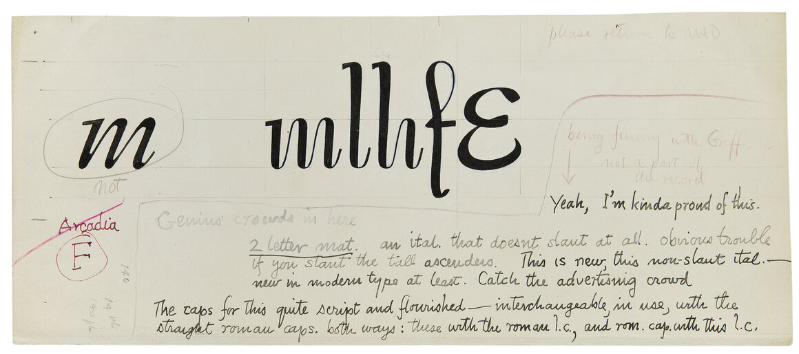 Test drawings for Charter, which Dwiggins designed to be a completely upright script.