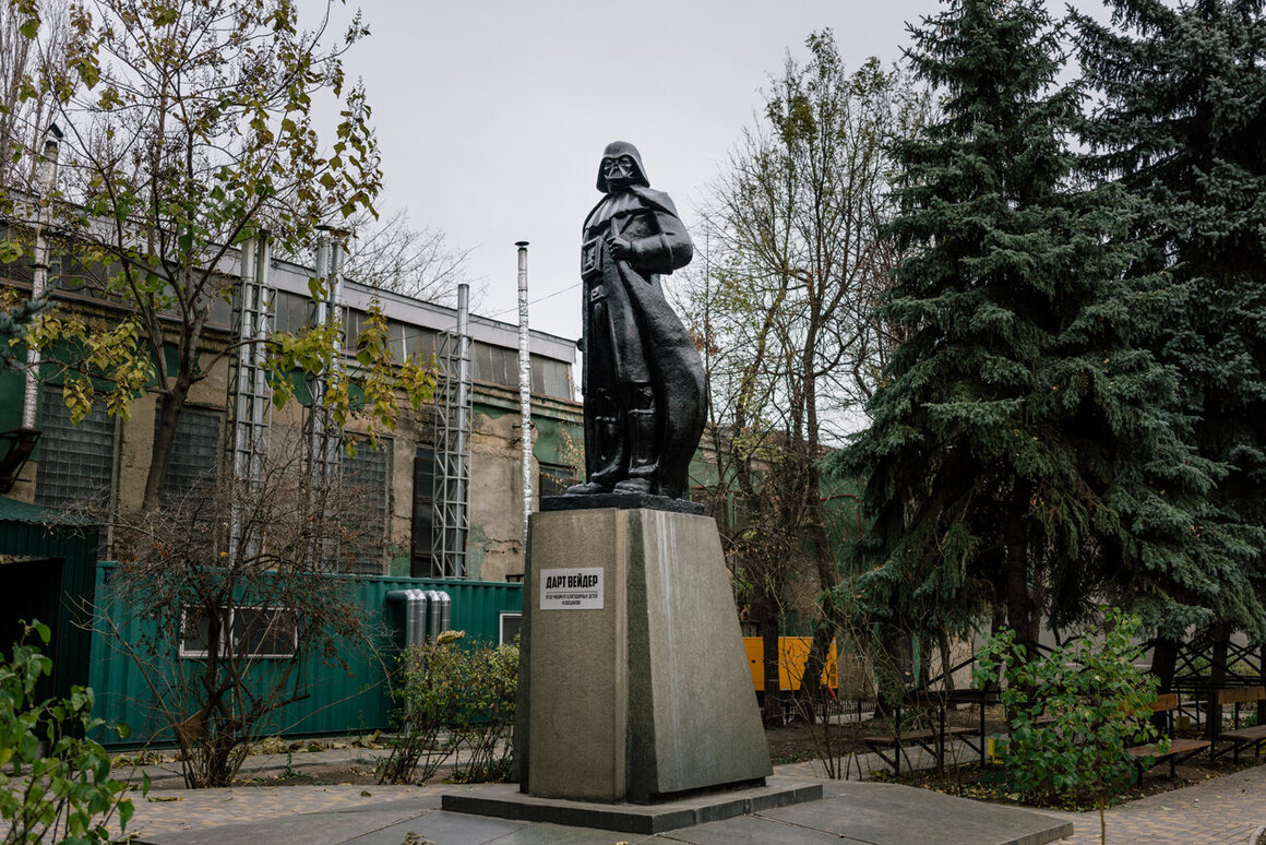 Ukrainian artist Oleksandr Milov transformed a Lenin statue into Darth Vader. It stands in a factory courtyard on the outskirts of Odessa. November 2015.