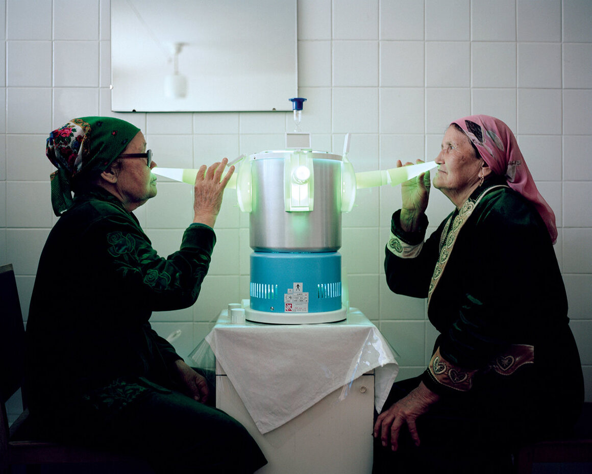 Ultraviolet light sterilization lamps are placed in the ear, nose, and throat to kill germs, at the Aurora sanatorium in Kyrgyzstan. 