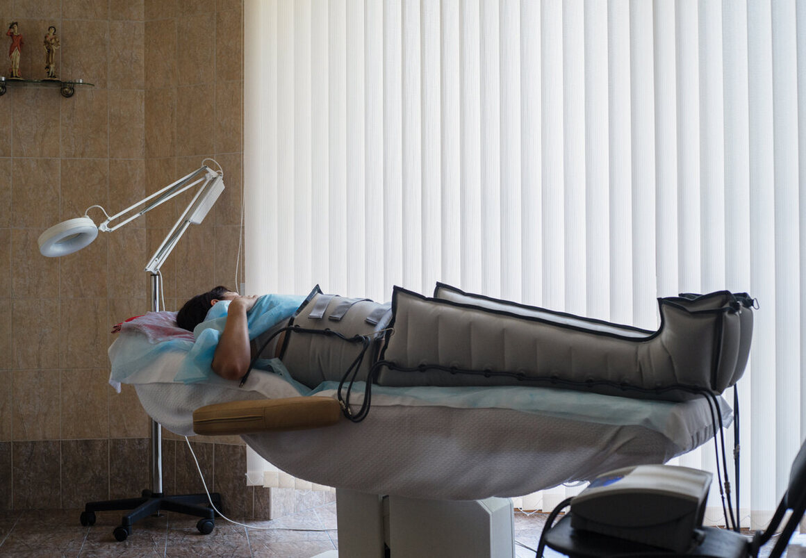 A patient in a lymphatic-drainage suit at Metallurg sanatorium, Sochi, Russia. 