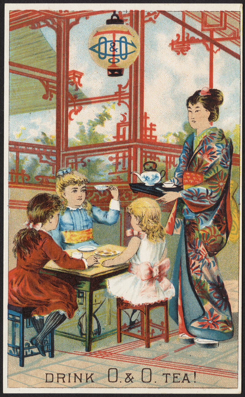 A late 19th century advertisement for tea importer O. & O. ("Occidental and Oriental") depicts a Japanese woman serving tea to white American children.