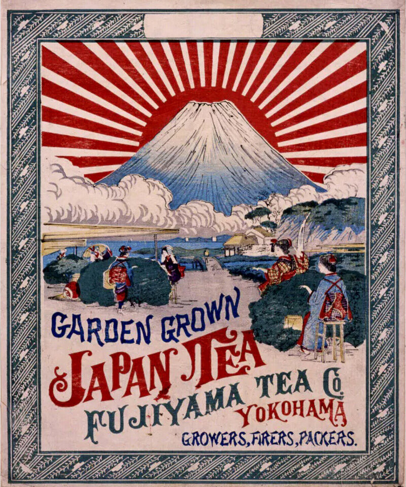 Japanese tea ads for the American market were made using colorful woodblock prints called <em>ranji</em>.