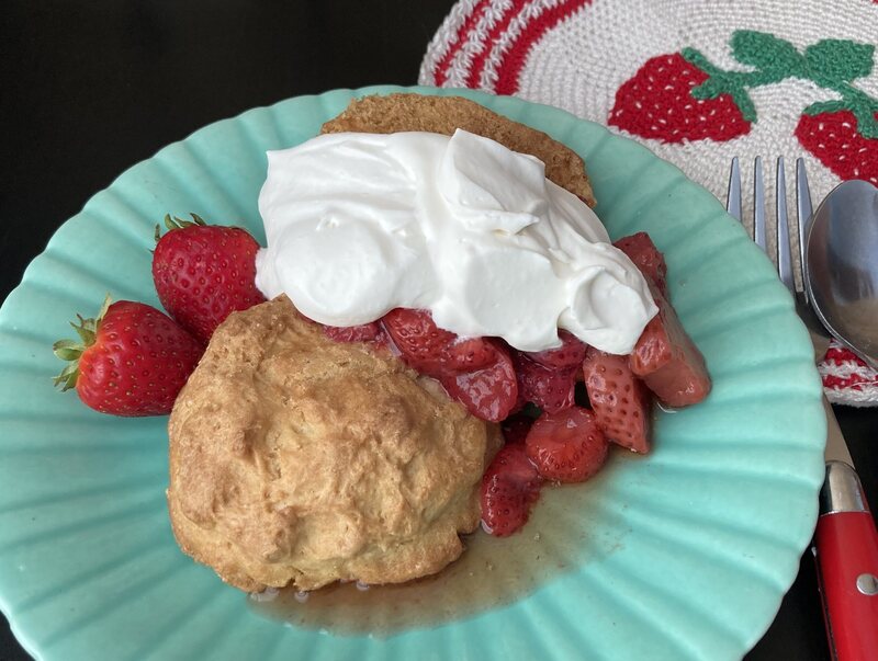 Strawberry shortcake can be made with angel food cake, sponge cake, or biscuits.