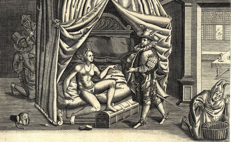 Een satire op de kuisheidsgordel uit 1590. Let op de twee mensen in de schaduw die een sleutel van de gordel vasthouden, en de ezelsoren op de hoed van de echtgenoot. 