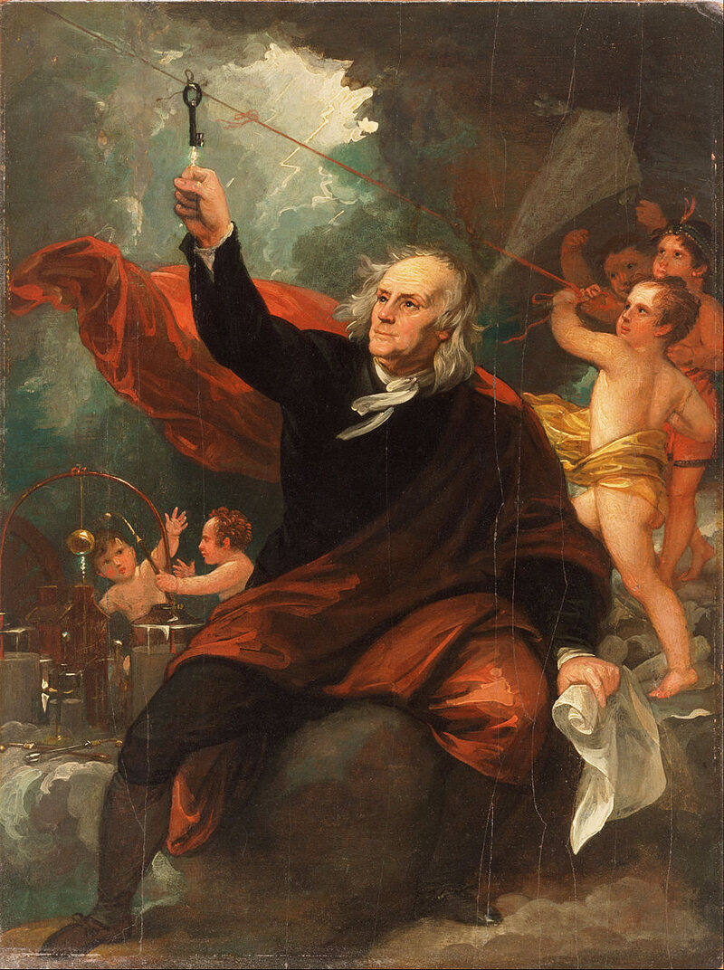 Franklin flies his fateful kite–while angels that look suspiciously his younger self repeat some of his earlier electrical experiments in the background.