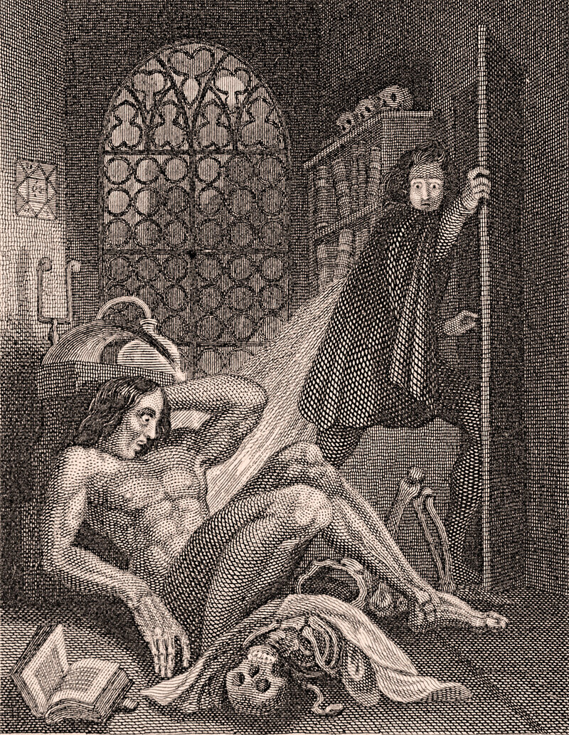 Un'incisione su acciaio dell'edizione del 1831 di Mary Shelley di <em> Frankenstein </em>. 