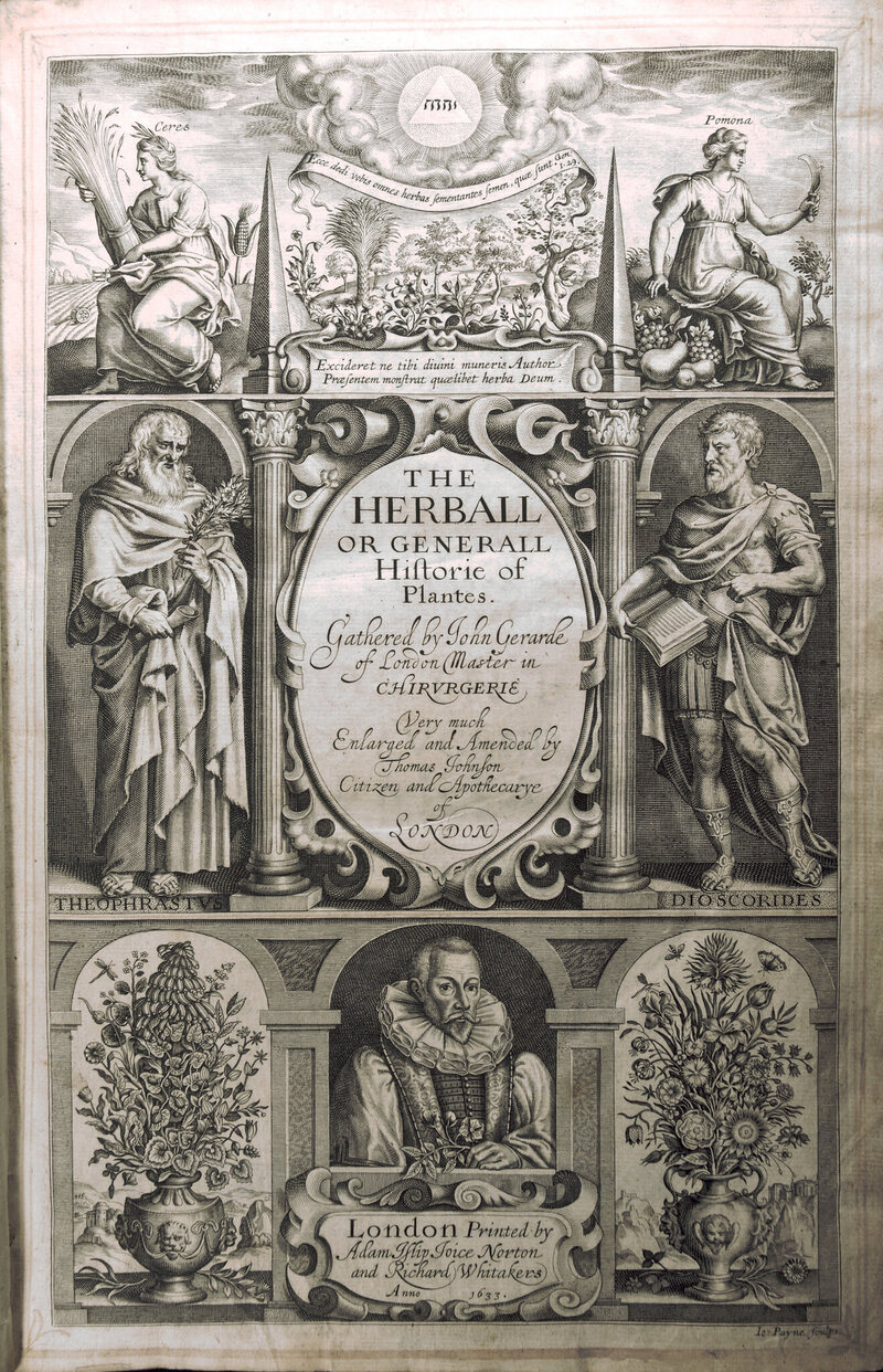 The title page from John Gerard's <em>The Herball or Generall Historie of Plantes</em>, 1633. 