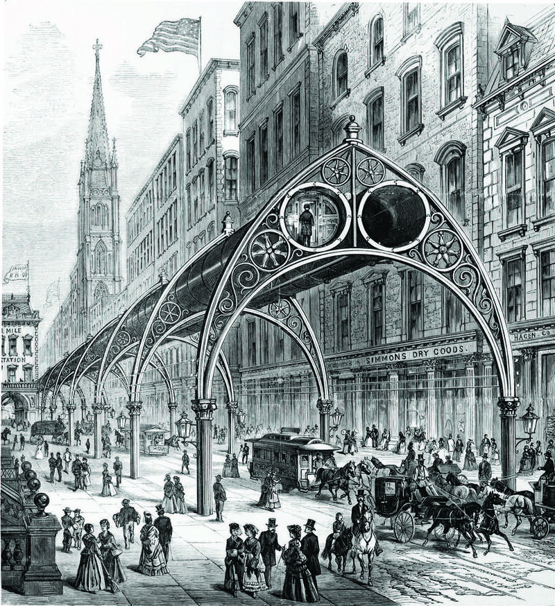 An illustration showing Rufus Henry Gilbert's 1870 plan for an Elevated Railway, with air-powered tubes 24 feet above the ground.  