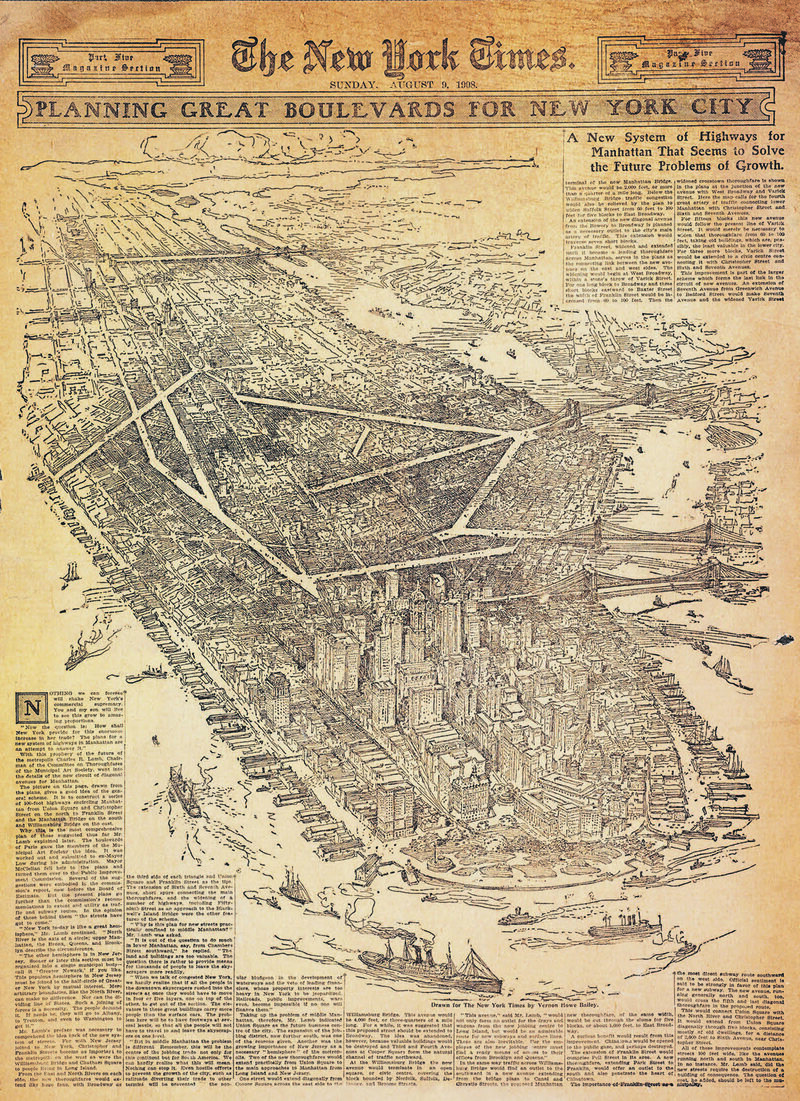 Headlines in the <em>The New York Times</em> from August 8, 1909, praising Charles Rollinson Lamb's plan for diagonal avenues across Manhattan. 
