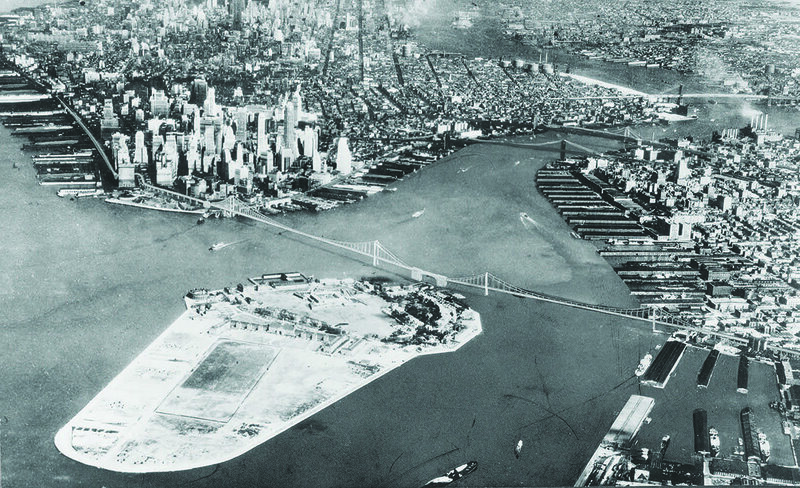 A photo-montage of the 1939 proposal by Robert Moses and Othmar Ammann for the Brooklyn-Battery Bridge.