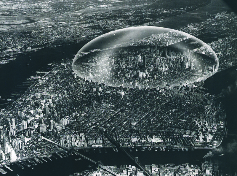 R. Buckminster Fuller's 1961 dome over Manhattan, a glass structure with a 2 mile diameter.