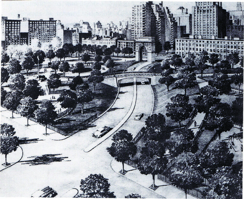 The 1961 proposal by Robert Moses to extend Fifth Avenue right through Washington Square Park.