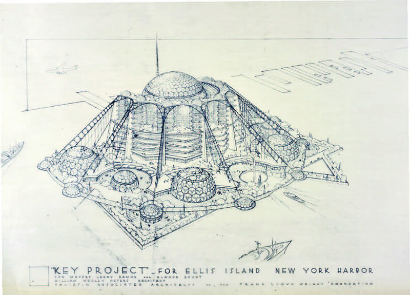 A sketch from Frank Lloyd Wright's 1959 "Key Project", a $93 million proposal for apartments and facilities - including a planetarium and yacht basin - on Ellis Island.