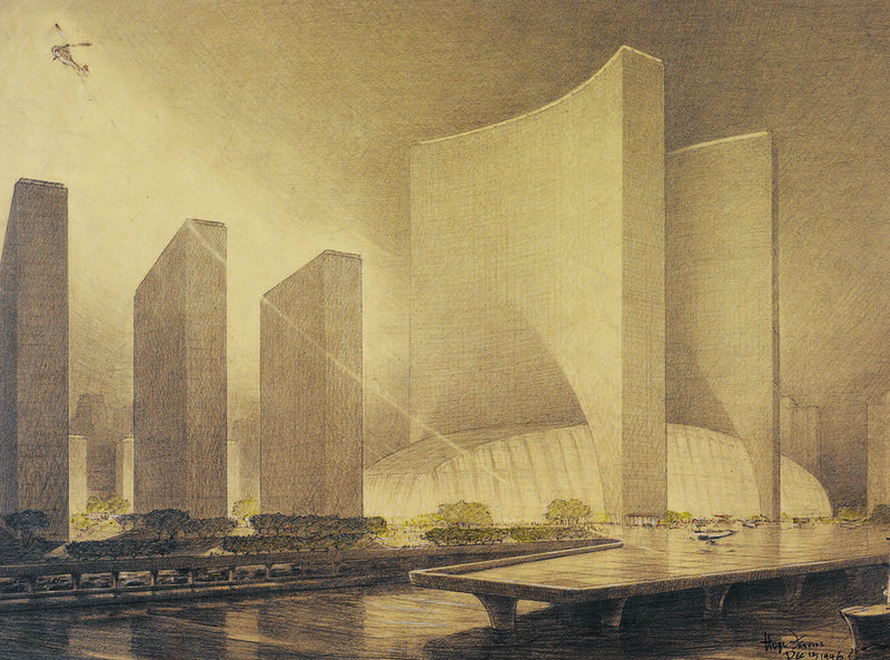 X-City, a complex proposed in 1946 on the East River, that would include curved skyscrapers, a concert hall, and as shown here, a runway for helicopters and small aircraft.