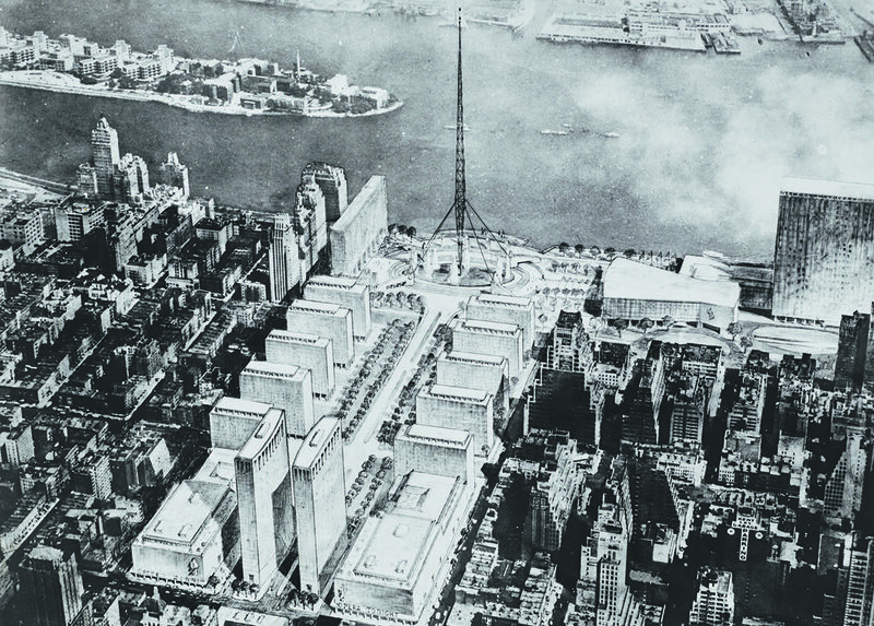 A concourse to connect Midtown to the UN site on the East River, designed by William Zeckendorf and Wallace K. Harrison in 1948, which was flanked with buildings and culminated in a television antenna on the East River.