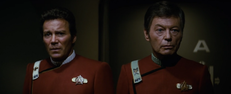 Even Kirk and McCoy are a bit baffled by the <em>Wrath of Khan</em> uniforms.