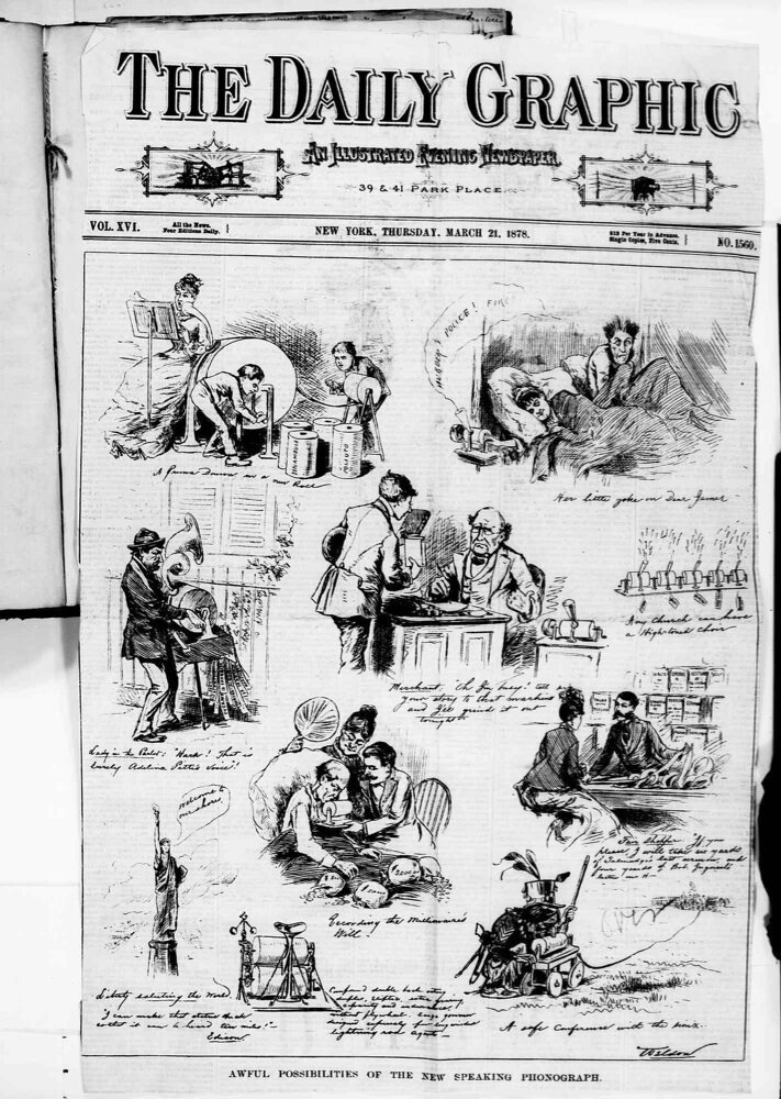 The cover of the March 21st, 1878 Daily Graphic, depicting various phonograph mishaps.