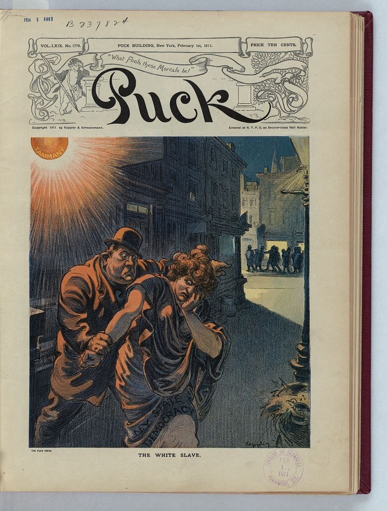 A depiction of "white slavery" on a magazine from 1911.
