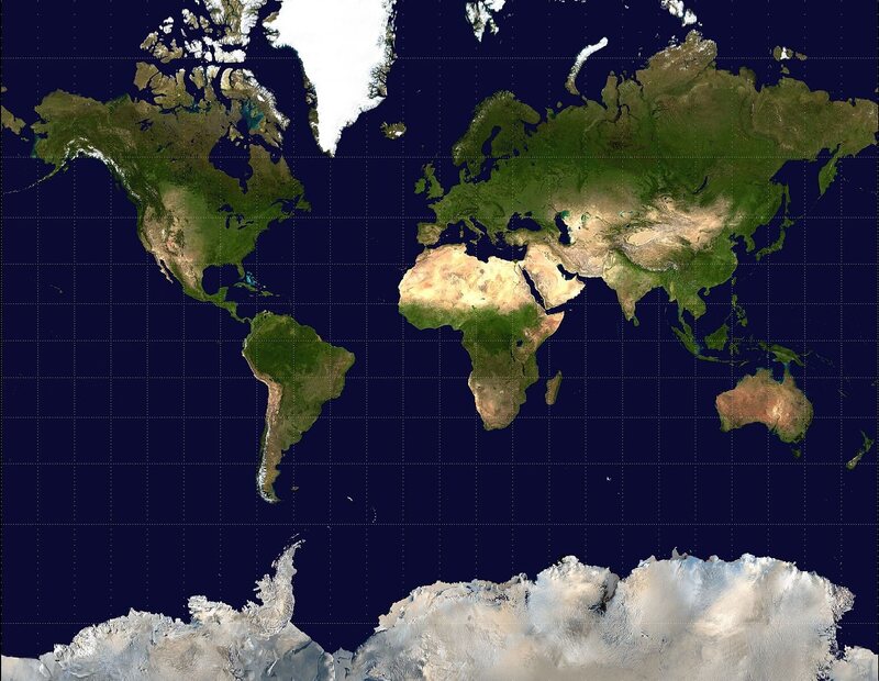 The Mercator projection, featuring straight lines, accurate shapes, and very wrong sizes.