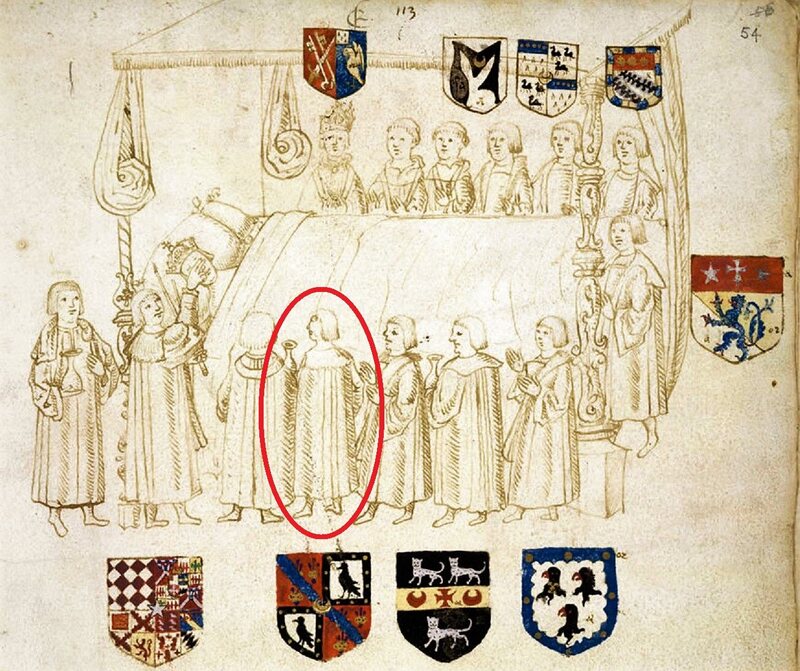 At the deathbed of Henry VIII, with his Groom of the Stool Hugh Denys (circled) one of the chosen attendees.